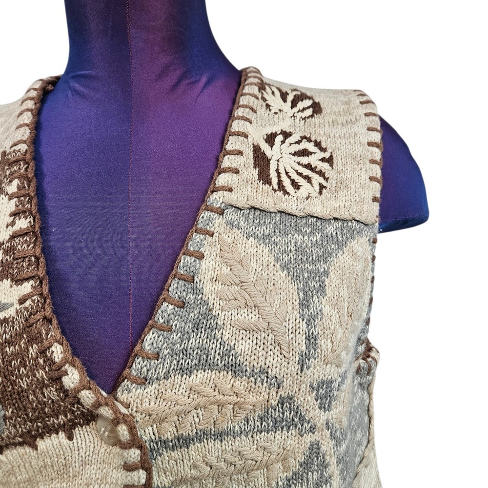 Petite Sophisticate Vintage Knit Sweater Vest Botanical Patchwork Tan Small D36 - Picture 3 of 9